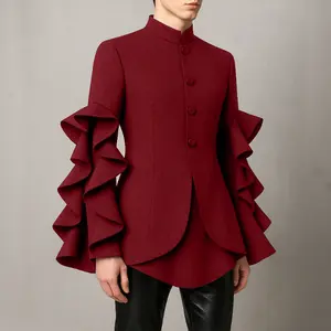 Men's INCERUN Elegant Vintage Burgundy Coat with Ruffled Sleeves for Party and Art Performance Events | Halloween Party Wear
