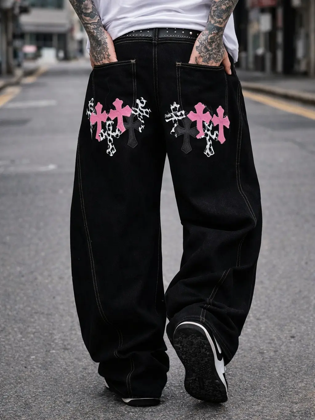 Men's high street y2k casual jeans, with contrasting cross design