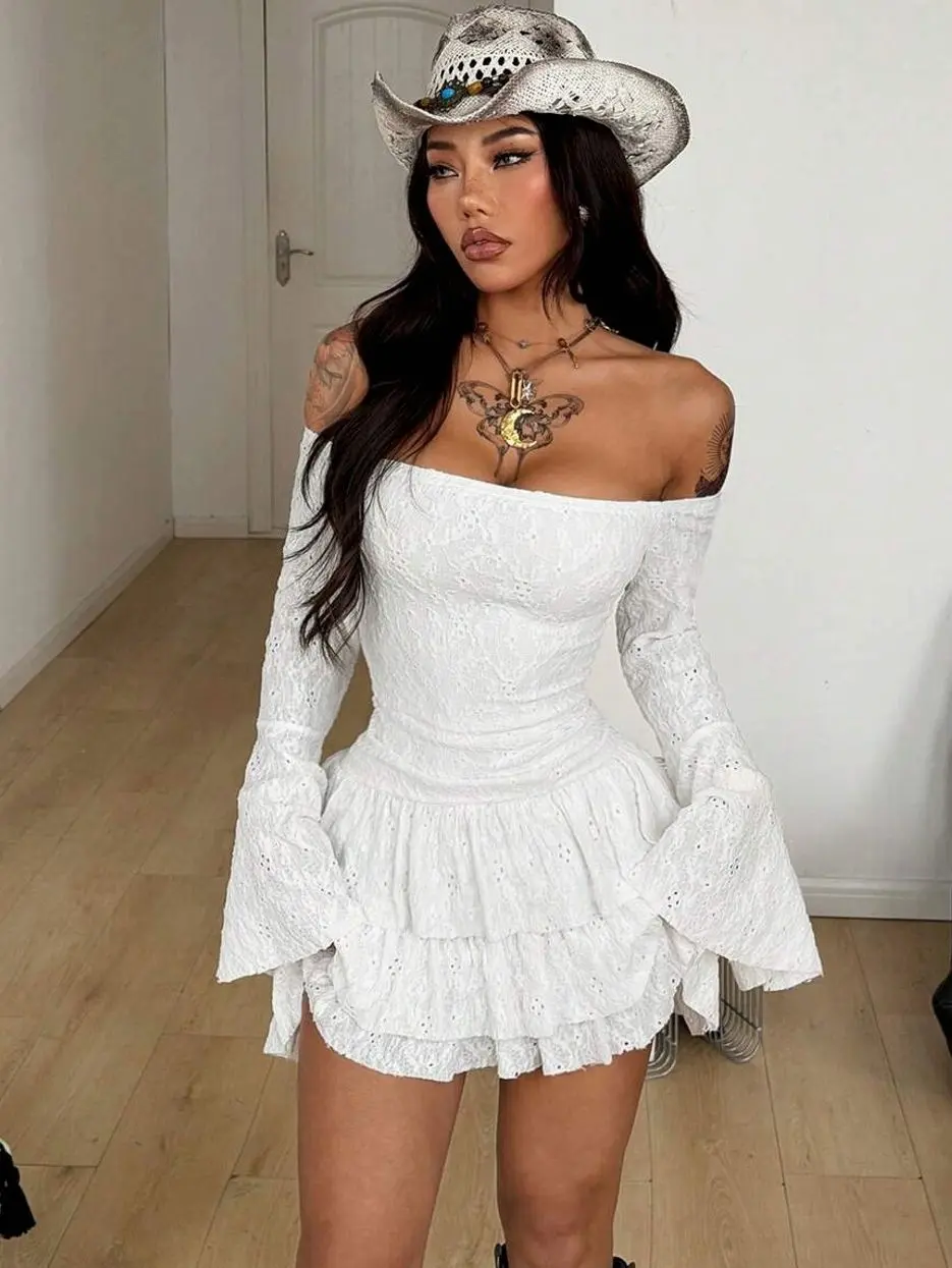 Women's Fairycore Lace Off Shoulder Mini Dress - Boho Beach Vacation Outfit - Cottagecore Style