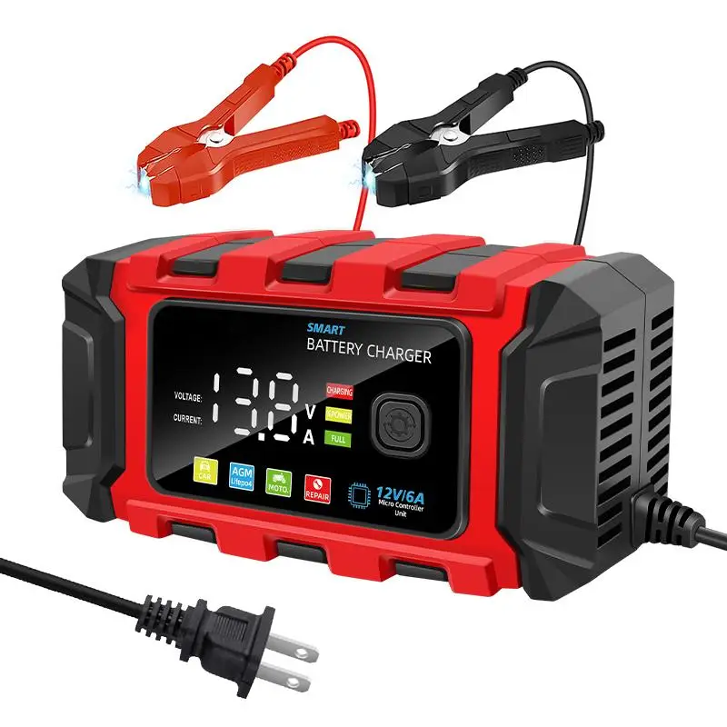 TK-360 12V 6A Smart Automatic Battery Charger, Large Screen Car Charger, GEL Lead-Acid LiFePO4 Pulse Repair Charger for Car