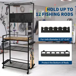 3-Tier Fishing Rod Holders for Garage, Holds 12 Rods with Pegboard and Hooks, Rolling Tackle Box Storage Cart with Lockable Wheels, Black