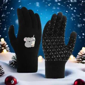 1PC Koala And Bubble Tea Print Gloves Warm Winter Outdoor Gear For Running Skiing Unisex With Non Slip Palm Touchscreen Friendly Soft Fashionable Design 2025 Limited Edition Trendy Winter Accessories For Cold Weather Activities