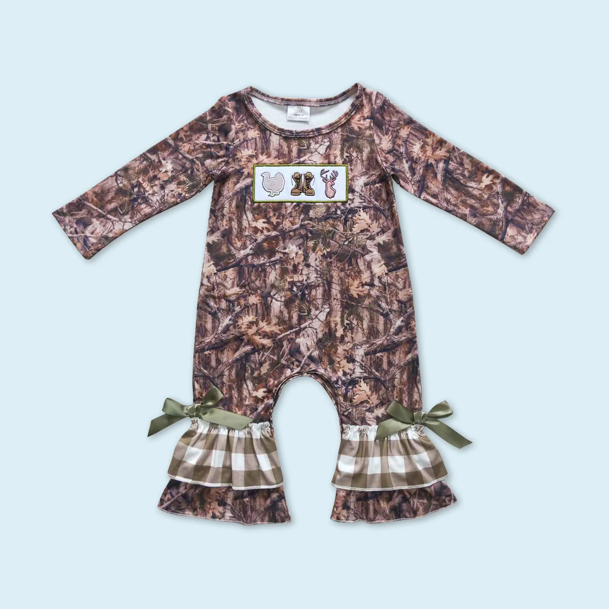 Long sleeves camouflage deer ruffle baby girls romper