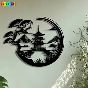 1pc Japanese Pagoda Landscape Metal Wall Art, Zen Garden Statue Mural, Artistic Metalwork, Perfect for Chinese New Year, Housewarming Decor, Decoration, Living Room Bedroom Patio Wall Decor, Ideal Gift for Asian Zen Enthusiasts