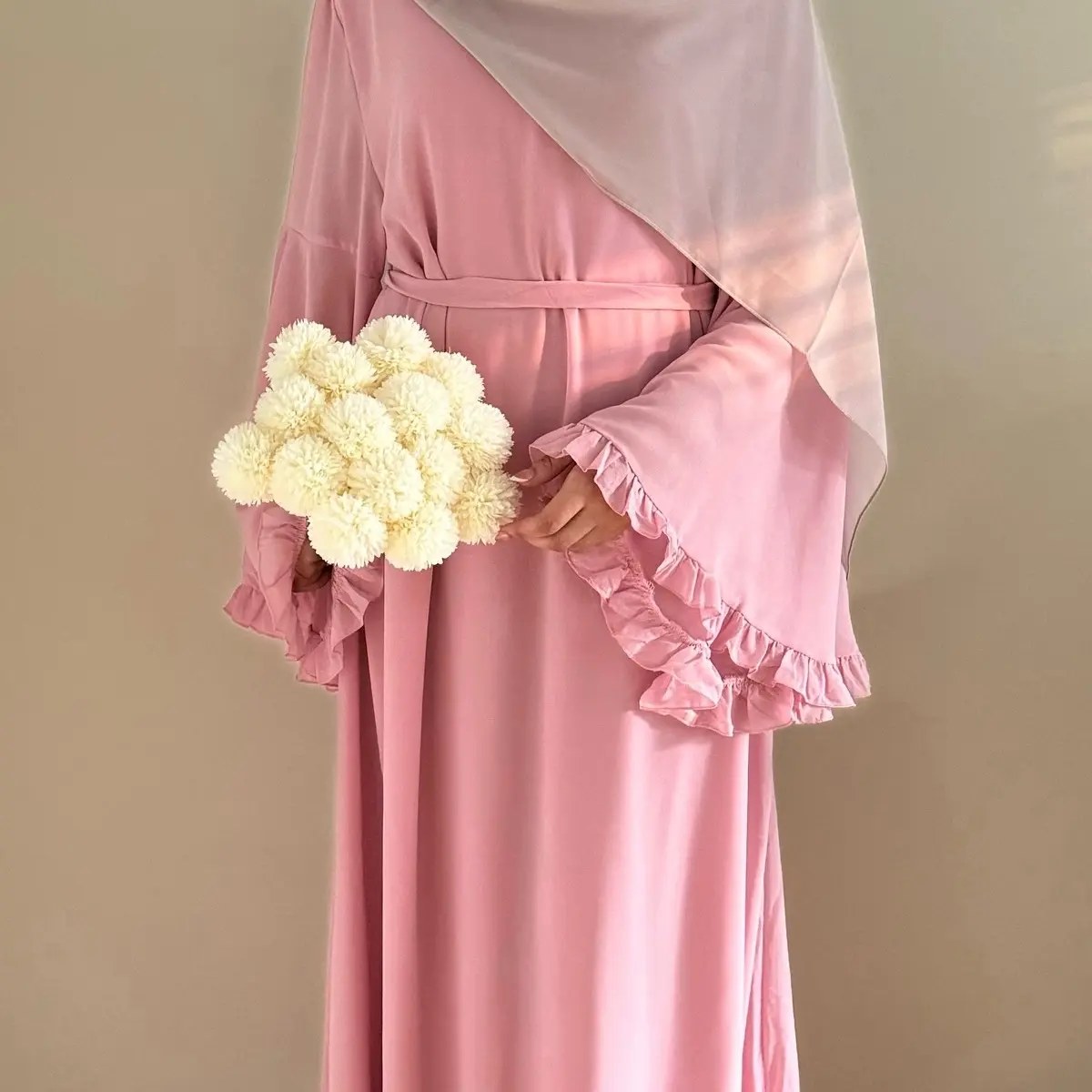 Women's Beige Chiffon Abaya with Ruffled Sleeves - Casual Style - Free Size - Womenswear