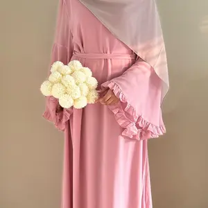 Women's Beige Chiffon Abaya with Ruffled Sleeves - Casual Style - Free Size - Womenswear