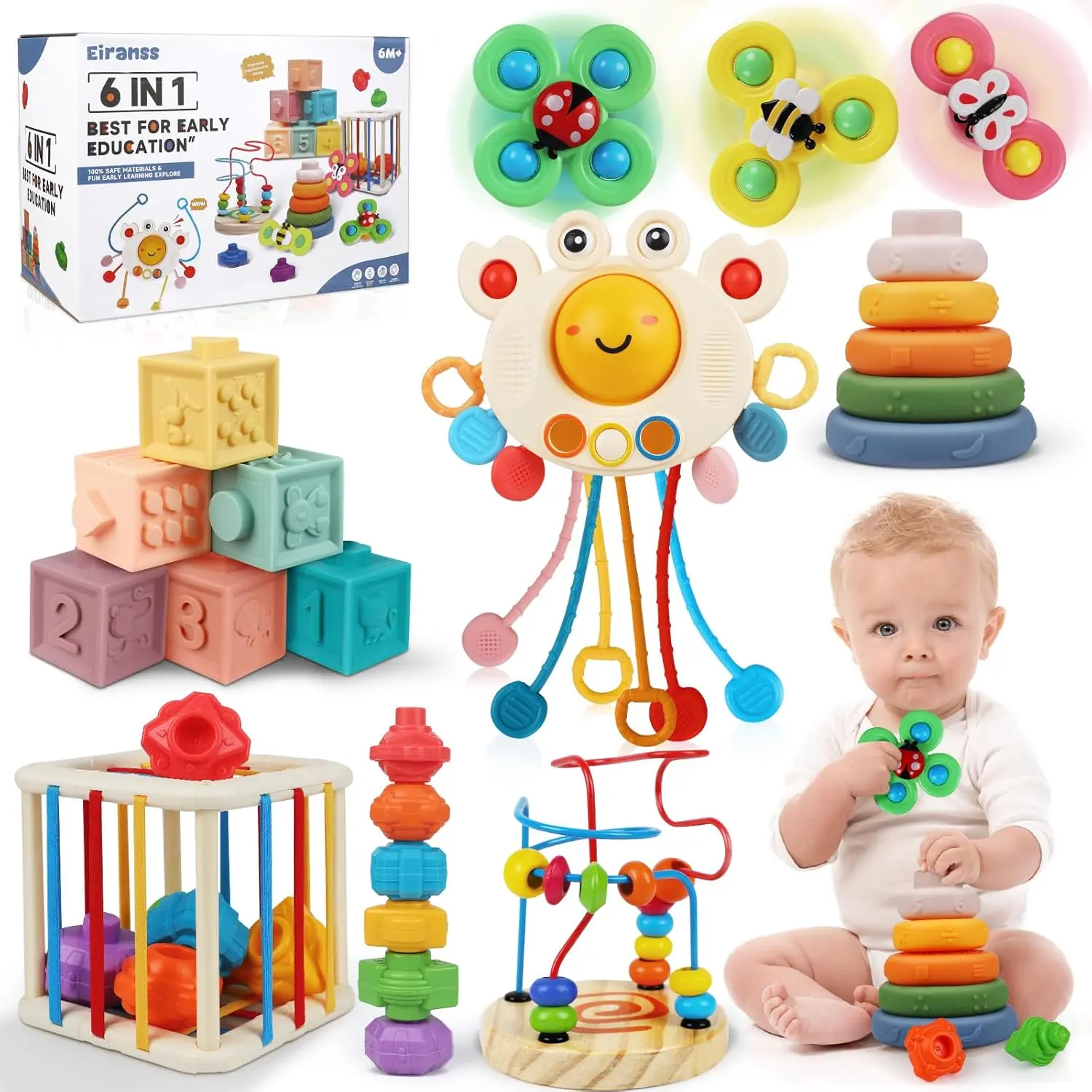 Toys 6 to 12 Months- 6 in 1 Montessori Toy for Toddlers 1-3, Sensory Shapes Storage Bin Stacking Blocks Rings Bead Maze Pull String Teether, Infant Toys Gifts for 1 2 3 Year Old Boys Girls