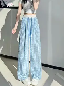 Gingham Checkered Wide Leg Pants Bottom, Elastic Drawstring Waist, Lightweight Loose Fit, Casual Summer & Daily Wear, Trendy Straight Leg Trousers for Women