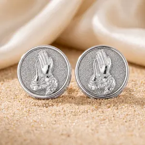 Vintage Textured Sandblast Backdrop Prayer Medal Earrings, Hollow Cutout Frame Christian Religious Jewelry