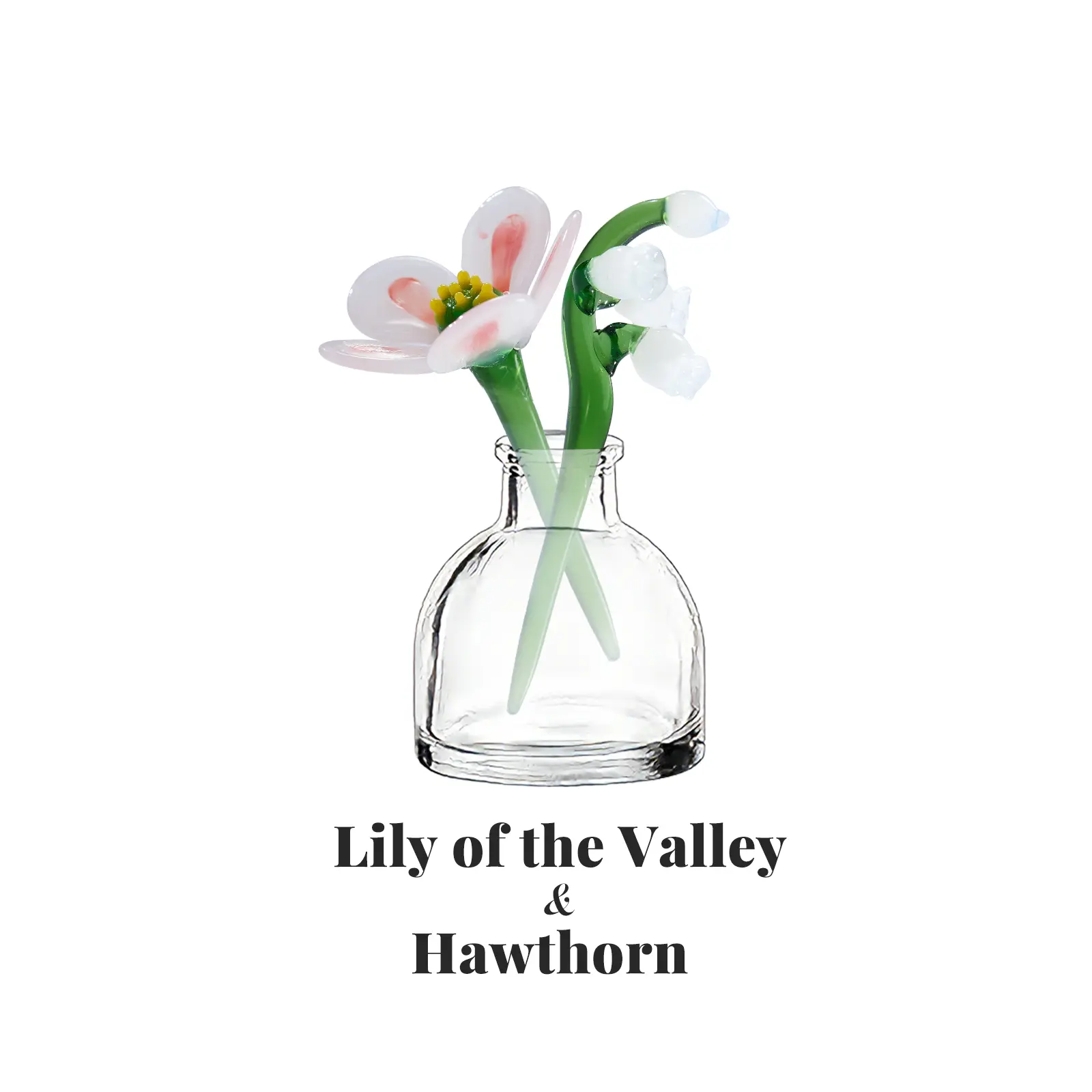May Birth Flower Handmade Glass Lily of the Valley & Hawthorn Mini Vase Set, 2 Glass Flowers with Small Vase, Birthday Gift for Her, Gift for Mom, Spring Floral Desk Decor, Forever Flower Keepsake, Unique Home Decor Gift