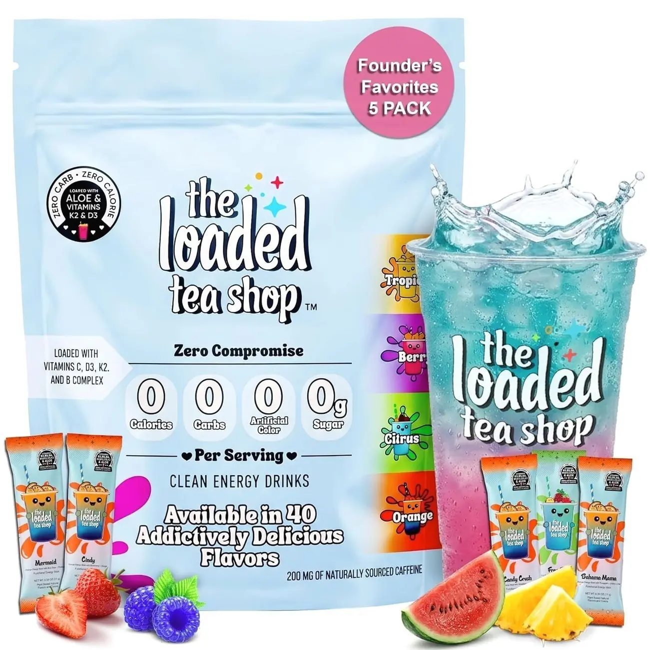 The Loaded Tea Shop Energy Drink Mix Sticks, Founder’s Favorites 5 Pack, Sugar-Free, Zero Calories, 200mg Natural Caffeine, No Artificial Colors/Flavors, Powder Packets w/ B Vitamins - Energy Drink Alternative