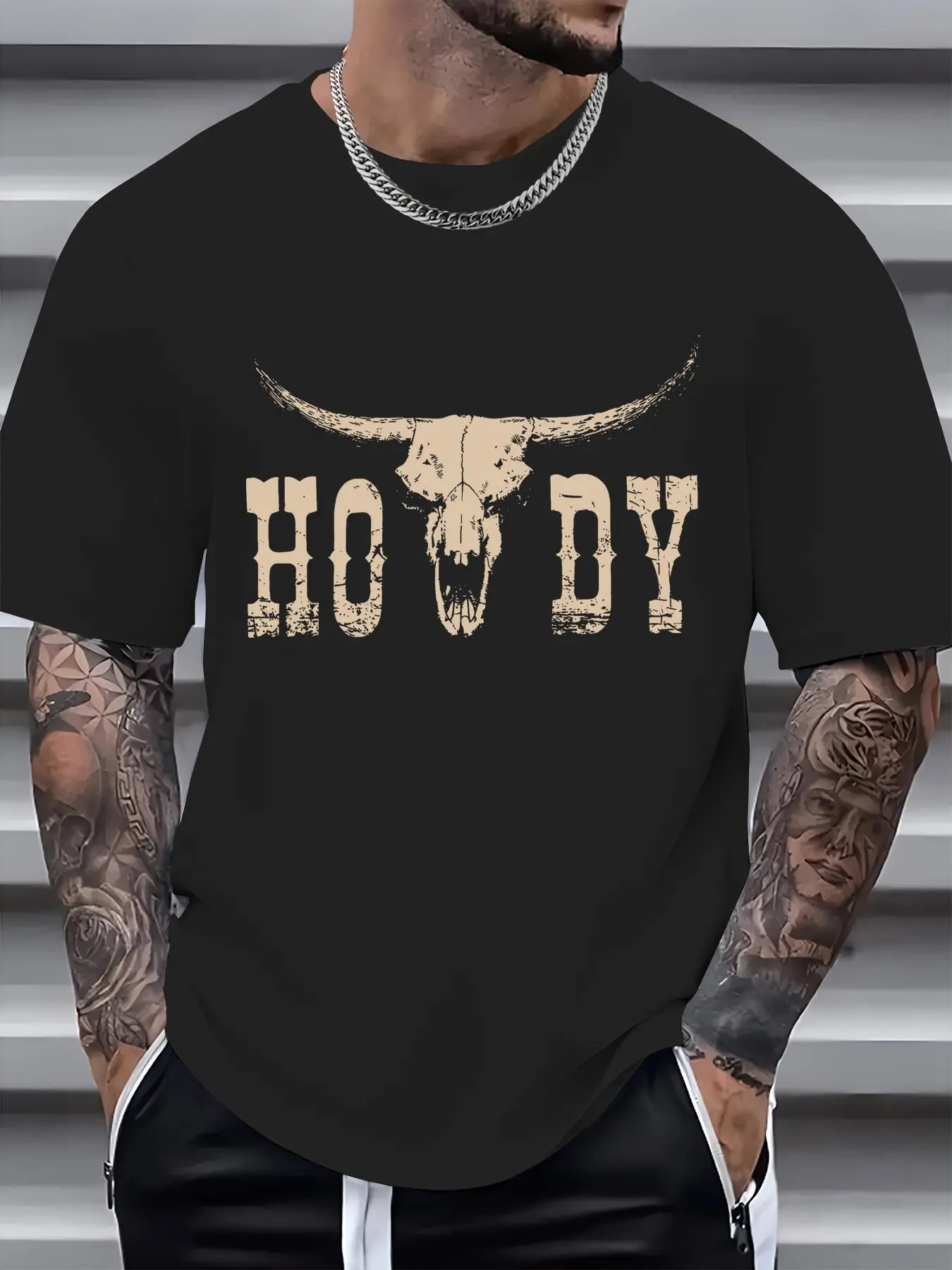 Menswear 100% Cotton Soft Loose Short-Sleeve Round Neck White Howdy Cow Skull Rodeo Western Country Southern Cowboy T-Shirt, Unisex Top, Shortsleeve, Casual, Cowboy Men's Short-Sleeve T-Shirts, Bull Skull Logo Men's Short-Sleeve T-Shirts