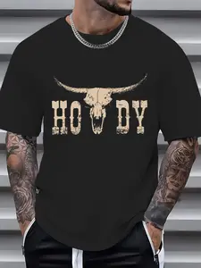 100% Cotton White Howdy Cow Skull Rodeo Western Country Southern Cowboy T-Shirt, Men's Women's Shirt Top, Short Sleeve Tops Crewneck Tshirt