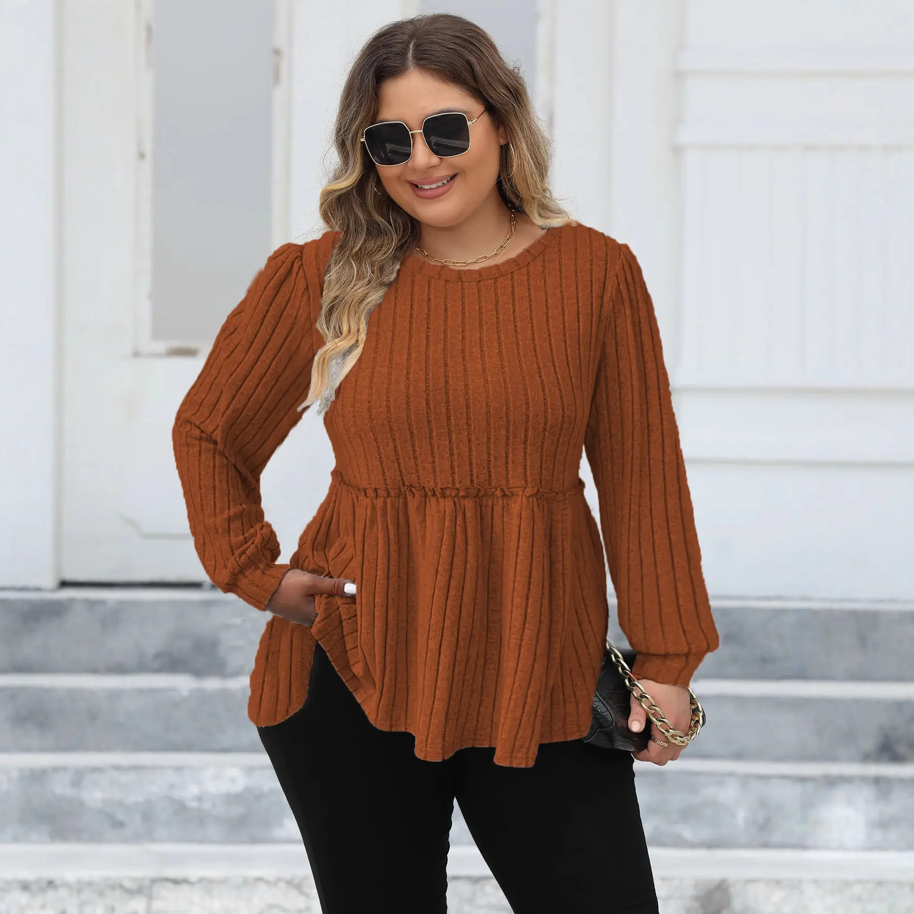 Plus-size women's round-neck striped fleece lantern sleeve waist-cinching long-sleeve T-shirt top
