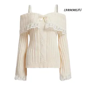 (influencer-approved) Women Off Shoulder Top Y2K Long Sleeve Lace Trim Knit Shirt Fashion Cute Solid Pullover Sweater Knitwear Red Pink CasualGift