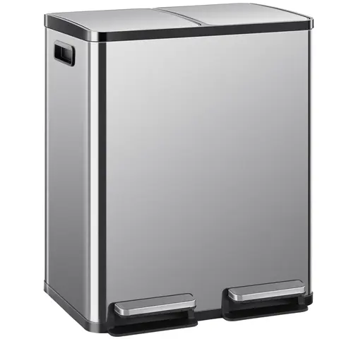 Sweetcrispy 16-Gal (Above 12L) Stainless Steel Touchless Trash Can - Dual Compartment, Fingerprint-Proof, Waterproof Exterior, Foot Pedal Lid Opener, Large-Capacity Stainless Steel Bins Bucket for Home Kitchen/Office (Home Goods)