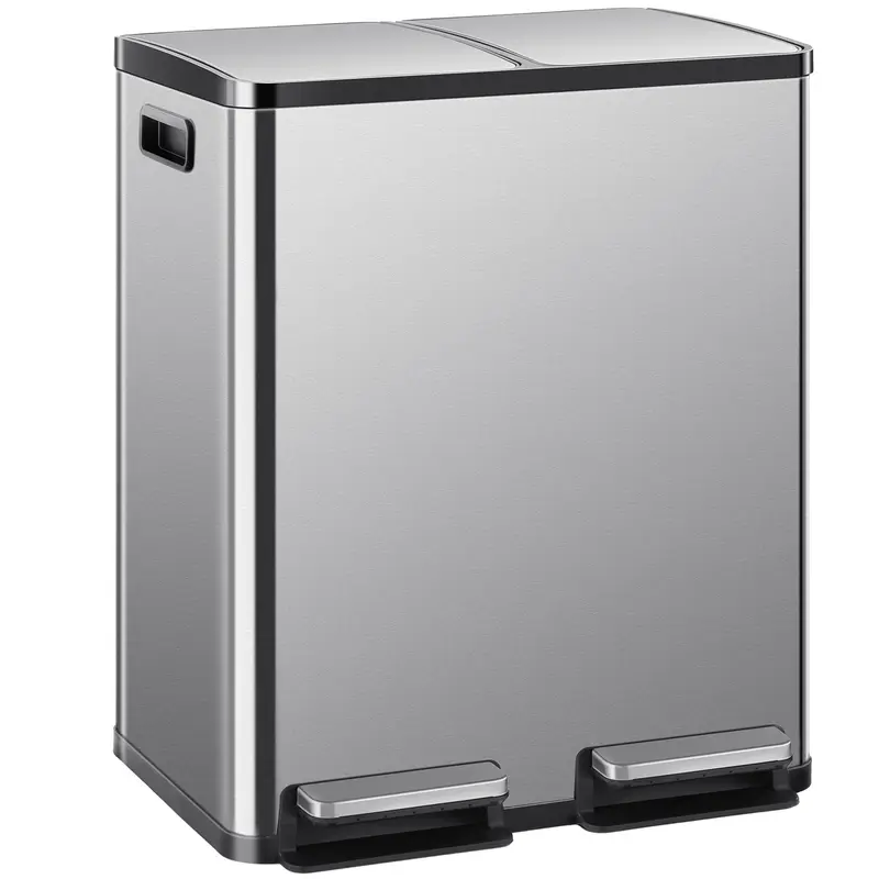 Sweetcrispy 16-Gal (Above 12L) Stainless Steel Touchless Trash Can - Dual Compartment, Fingerprint-Proof, Waterproof Exterior, Foot Pedal Lid Opener, Large-Capacity Stainless Steel Bins Bucket for Home Kitchen/Office (Home Goods)