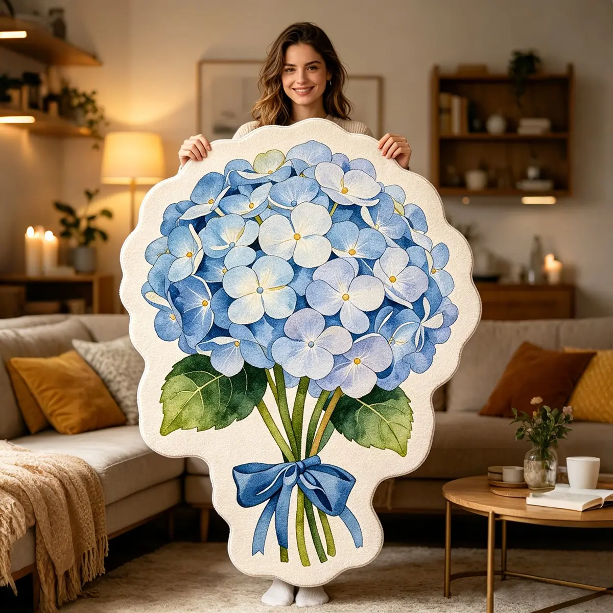 French Blue Hydrangea Rug, Fresh Style Bedroom Bedside Mat, Anti-Slip Durable Living Room Sofa Pad, Washable Study Desk Mat, Soft Farmhouse Balcony Carpet, Flower Rug, Home Decor Rugs
