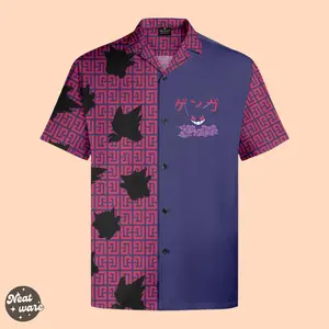 Gengar Hawaiian Shirt With Ghost Type Pokemon motif - Summer Vacation Gift for men, him - Menswear, Collar, Fabric, Loose, Wood Button, Short Sleeve