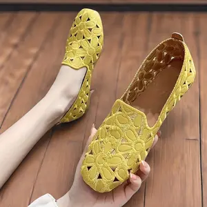 Women's Floral Embroidered Flat Shoes, Hollow Square Toe Slip-On Shoes, Casual Versatile Flat Shoes