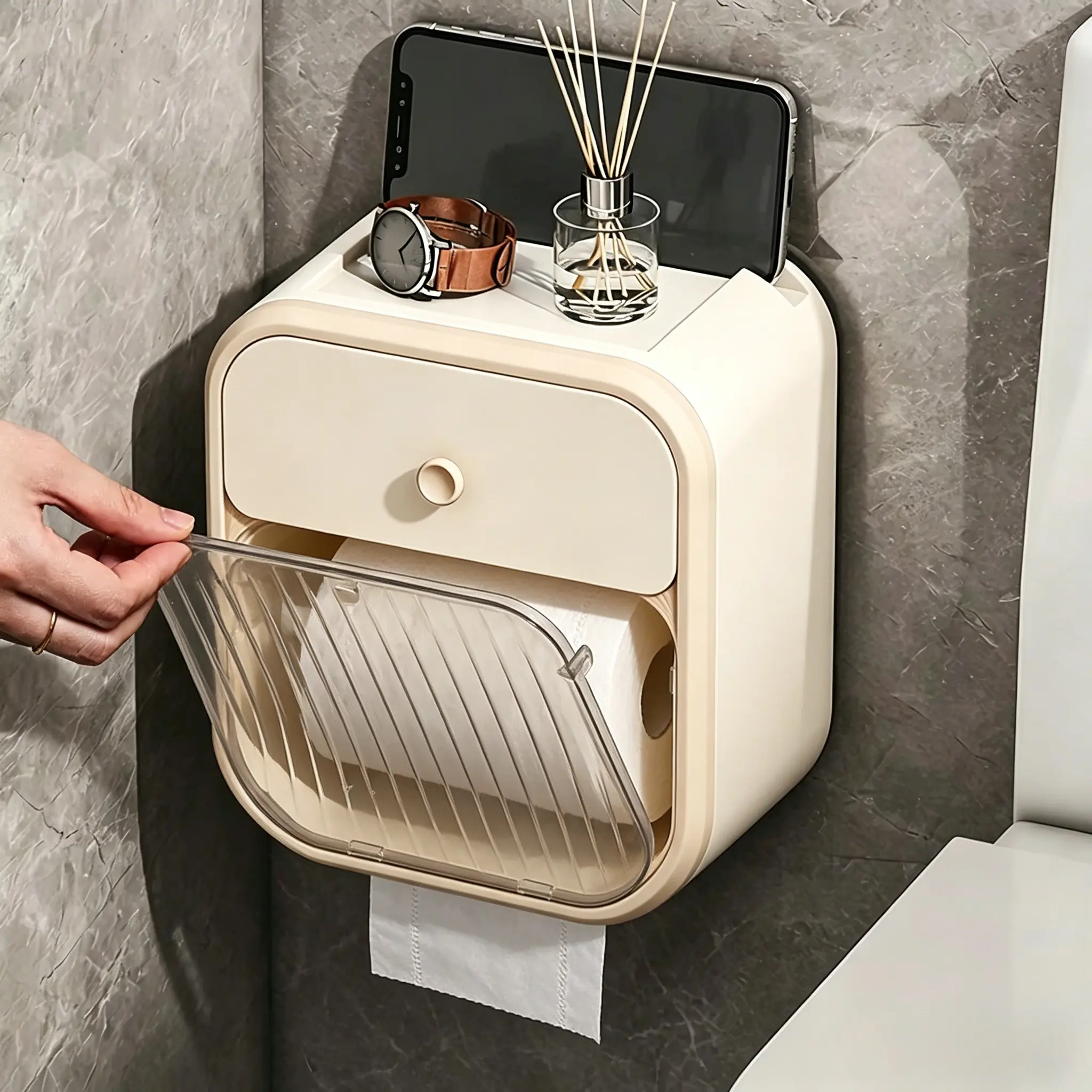 Double Layer Bathroom Toilet Paper Holder, Plastic Wall Mounted Tissue Dispenser, Waterproof No Drilling Required, Strong Adhesive Base, Bathroom Accessory, Modern Bathroom Accessories