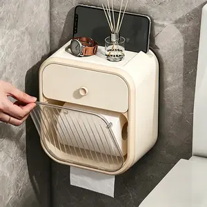 Double Layer Bathroom Toilet Paper Holder, Plastic Wall Mounted Tissue Dispenser, Waterproof No Drilling Required, Strong Adhesive Base, Bathroom Accessory