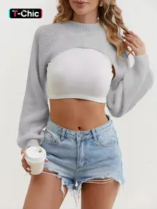 Women's Casual Fitted Shrug Sweater, Half High Neck Long Sleeve Crop Top, Sexy Knit Pullover for All Seasons, Moderate Fabric Thickness, Knitwear, Womenswear, Knitting