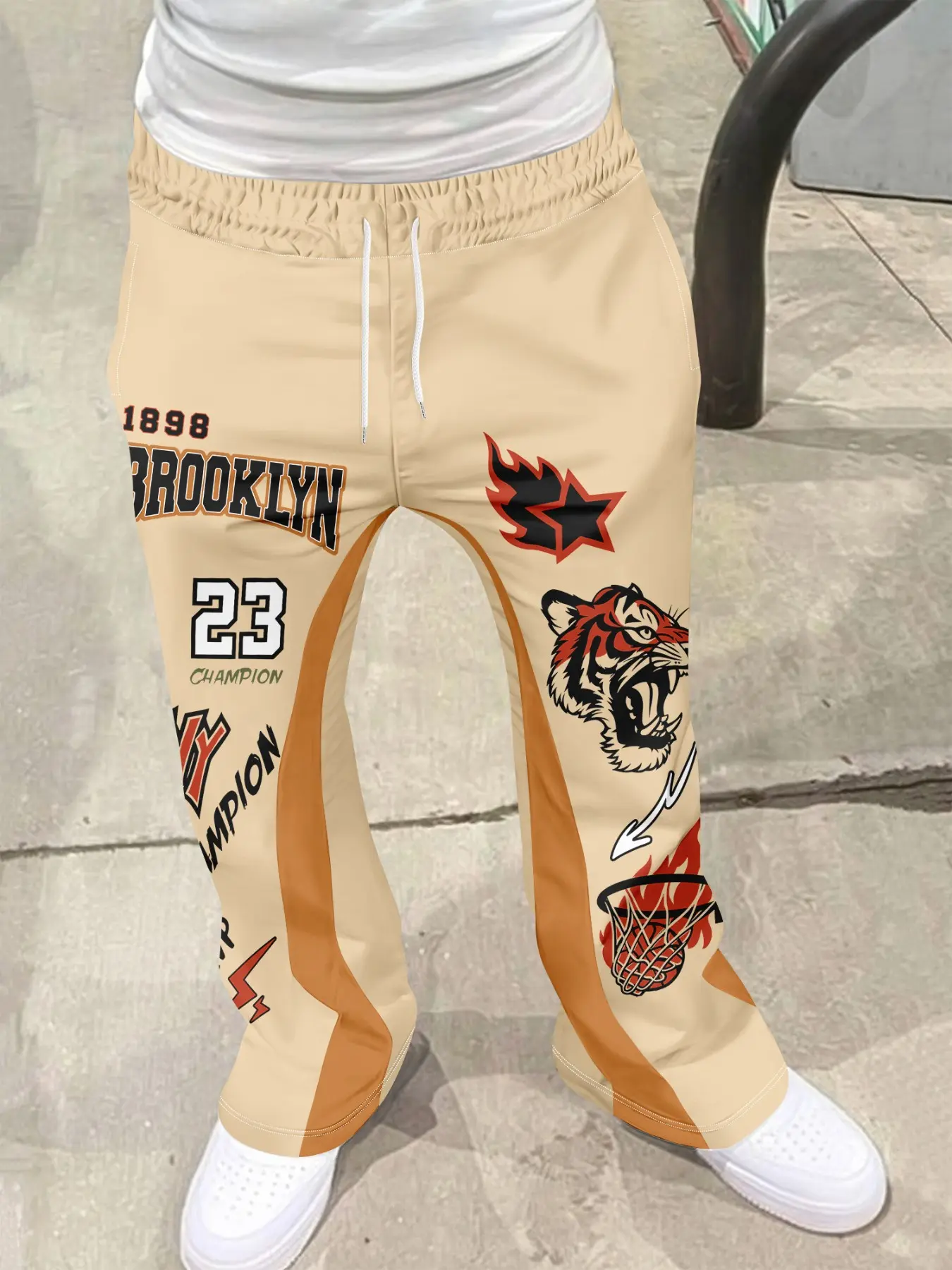 Men's Colorblock Drawstring Waist Flare Pants, Casual Comfortable Pocket Long Pants, Vintage Basketball Print, Streetwear Athletic Activewear Sportswear Menswear for Spring Fall