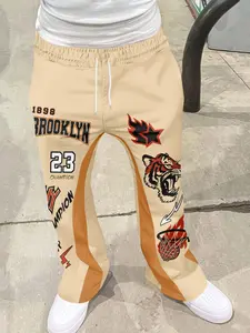 Men's Colorblock Drawstring Waist Flare Pants, Casual Comfortable Pocket Long Pants, Vintage Basketball Print, Streetwear for Spring Fall