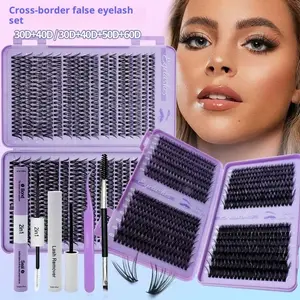 640pcs False Eyelash Clusters for Lash Extensions, 9-16mm Length, 5-Piece Set with Glue, Remover, Tweezers, Brush