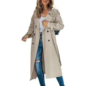 Womens Lapel Medium Length Long Sleeve Double Breasted Trench Coat With Belt Suit Collar Slim Waist Slimming Coat