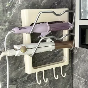 Durable Plastic Wall-Mounted Hair Styling Tool Holder for Curling and Flat Irons, No-Drill Bathroom Organizer with Utility Hooks and Shelves