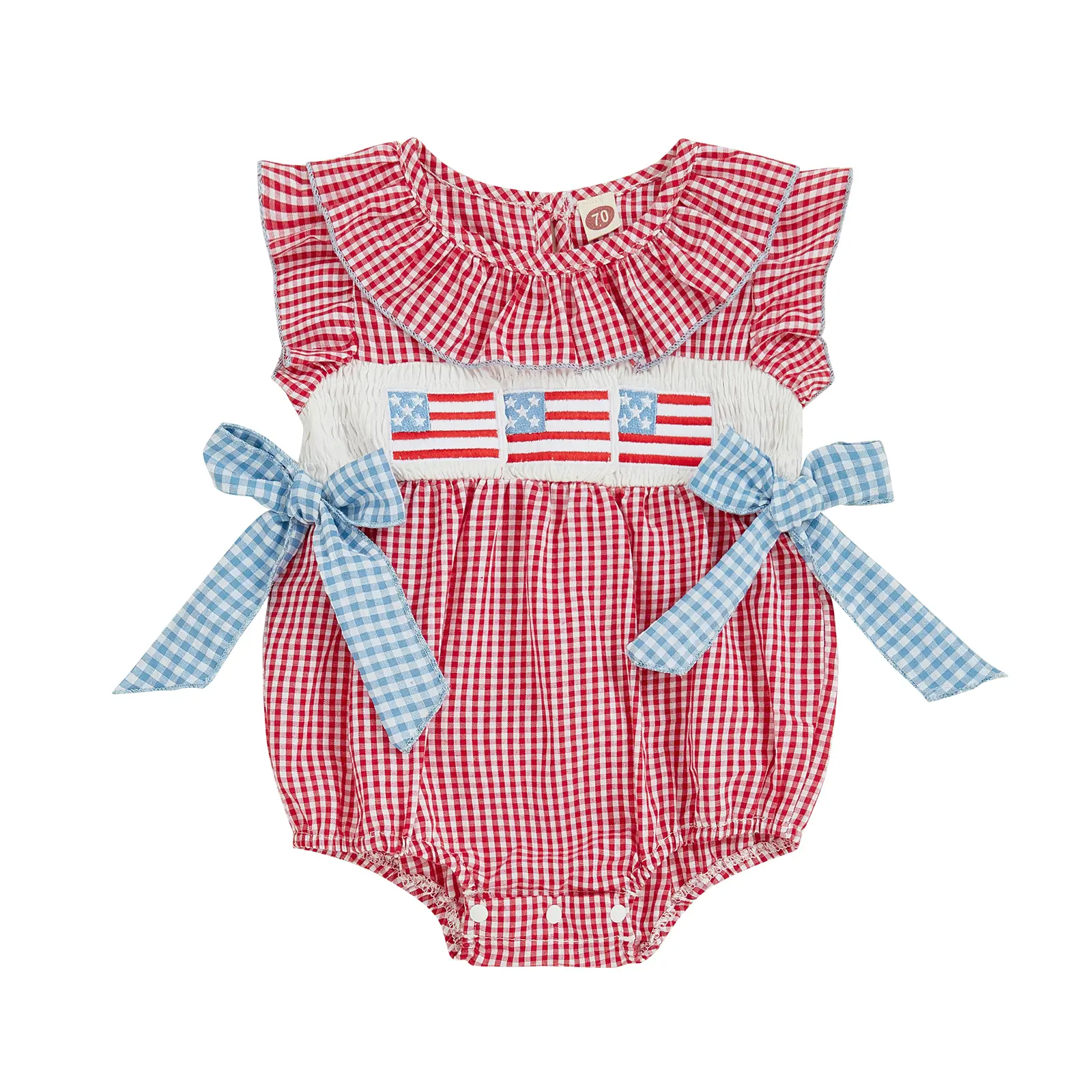 4th of July Baby Girl Outfits Newborn USA Flag Embroidery Smocked Plaid Bubble Romper Peter Pan Collar Bow Onesies Bodysuit