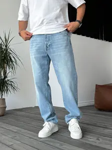 Men's Denim Jeans, Barrel Jeans, Loose-Fit Casual Style, Plain Pattern, All-Season Wear, Trendy Fashionable Design, Comfortable Fit