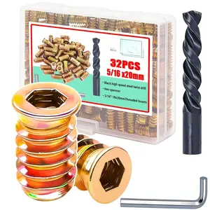 /32PCS 5/16"-18 Threaded Inserts for  Furniture Screw-in Nut  Inserts Bolt Assortment Kit with M8 Hex Wrench (5/16"-18 x20mm)