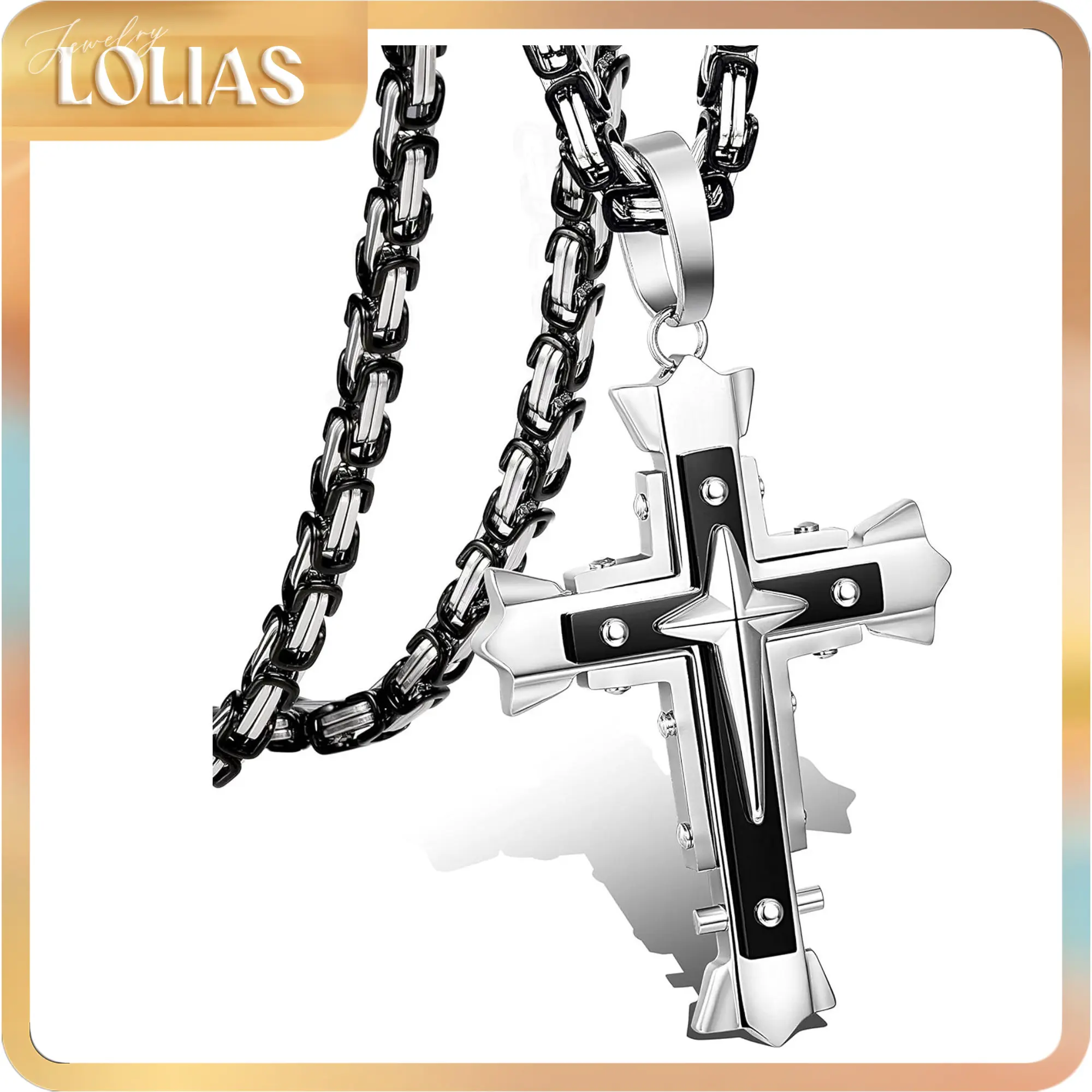 LOLIAS Men's Vintage Pendant Necklace, Glossy Stainless Steel 5mm Byzantine Chain, Durable Men's Accessories, Unisex Casual Fashion Jewelry, Multiple Lengths (22-30 in)