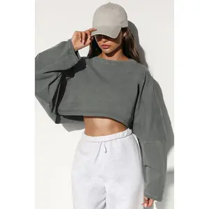 Women's Casual Sweatshirt Long Sleeves Cropped Tops Crew Neck Solid  Loose Fit Pullover Workout Hoodie
