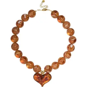 Chunky Resin Heart Necklace, Handmade Amber/Turquoise Beaded Statement Necklace for Women, Gifts for Women