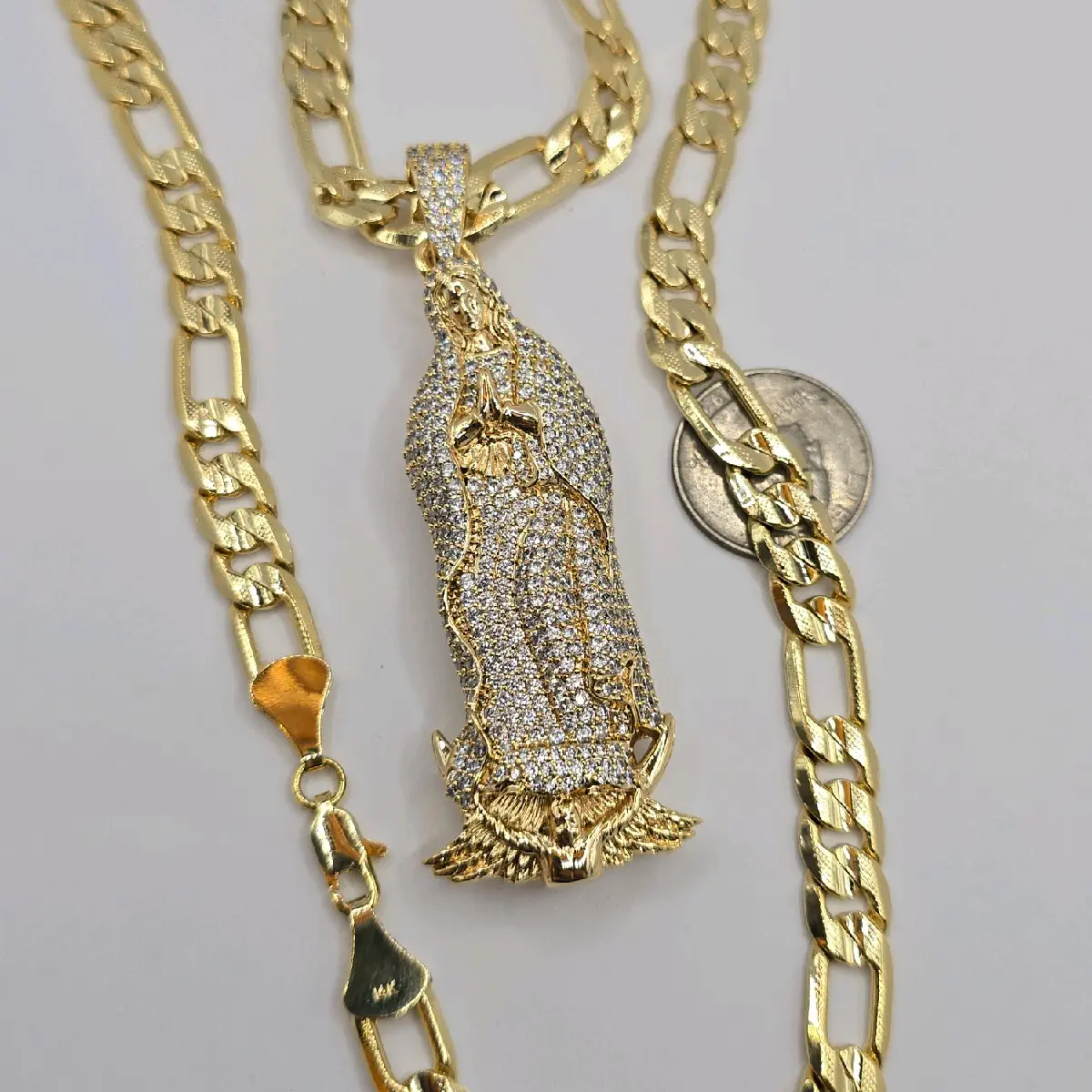 VIRGIN MARY beautiful necklace figaro style 30"inches GOLD-PLATED multi-stones small pendant