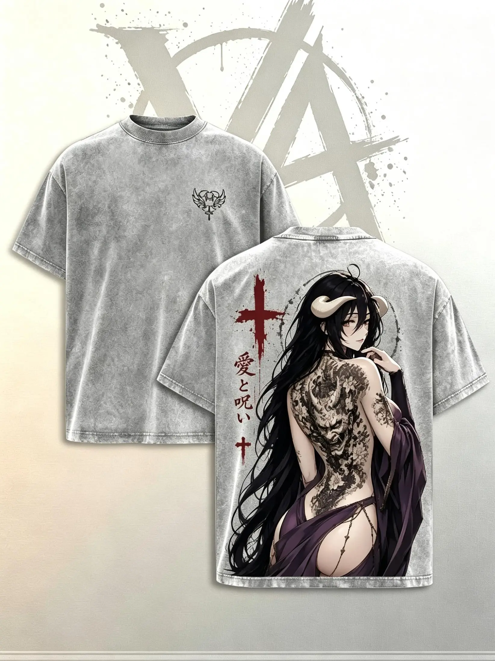 [AVT]Albedo Overlord Vintage Washed Tee, Albedo Overlord Japanese Irezumi Gothic Blackwork Tattoo Art, Dark Fantasy Succubus Queen Anime Double Printed Washed Tee, Unisex Oversized Manga Heavyweight Cotton T-Shirt,humor symbol t-shirt,funny student shirt