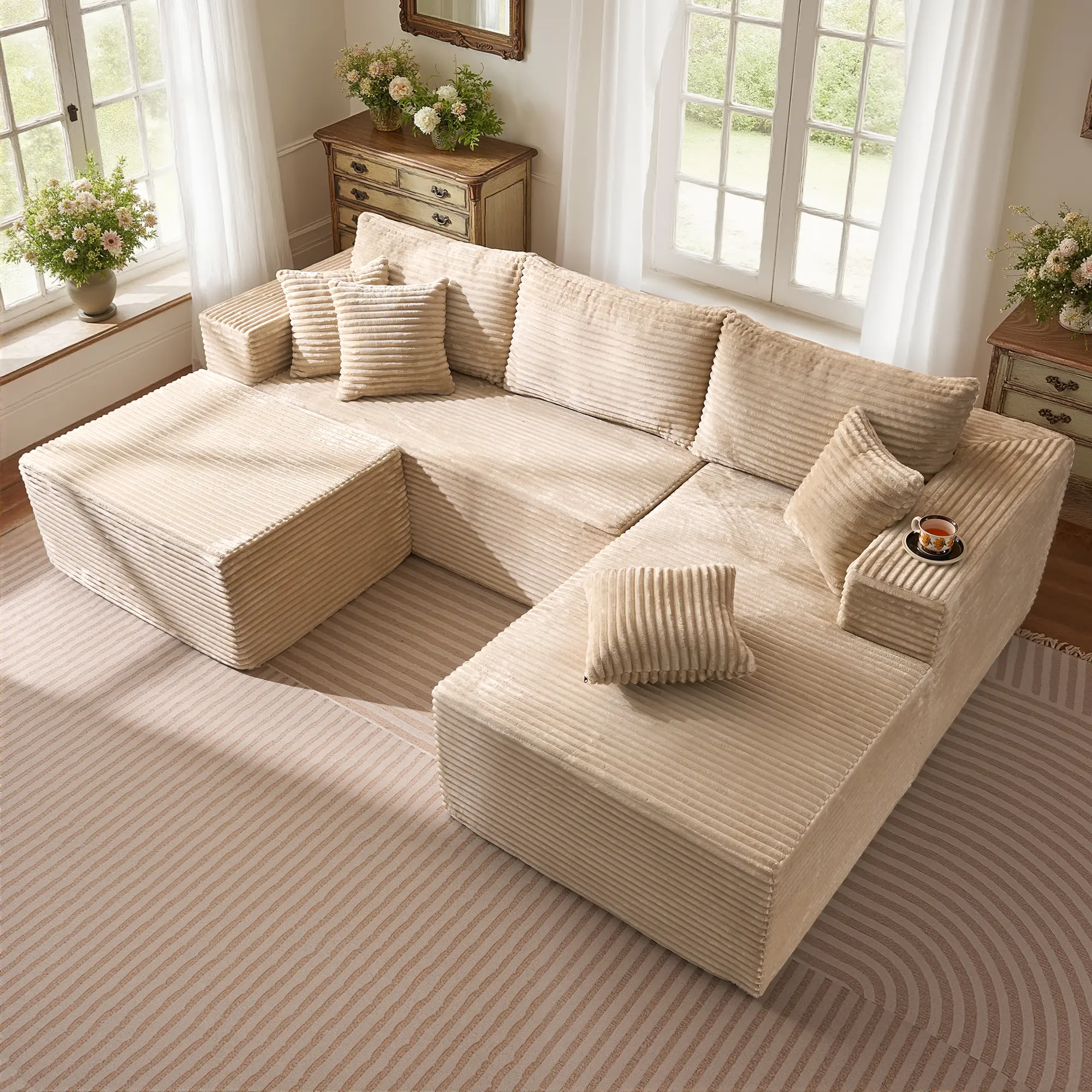 Beige Plush Corduroy Right Chaise