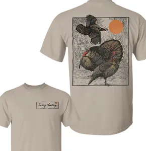 Men's Short-Sleeve Casual Cotton-Spandex Fabric Vintage 2-Sided Unisex Turkey Hunting Tee - Distressed Wild Turkey Gobbler Shirt, Rustic Outdoorsman Gift