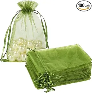 Package 100pcs Organza Drawstring Bags Olive Green, 4 x 6 inch Candy Mesh Gift Bags Jewelry Pouches