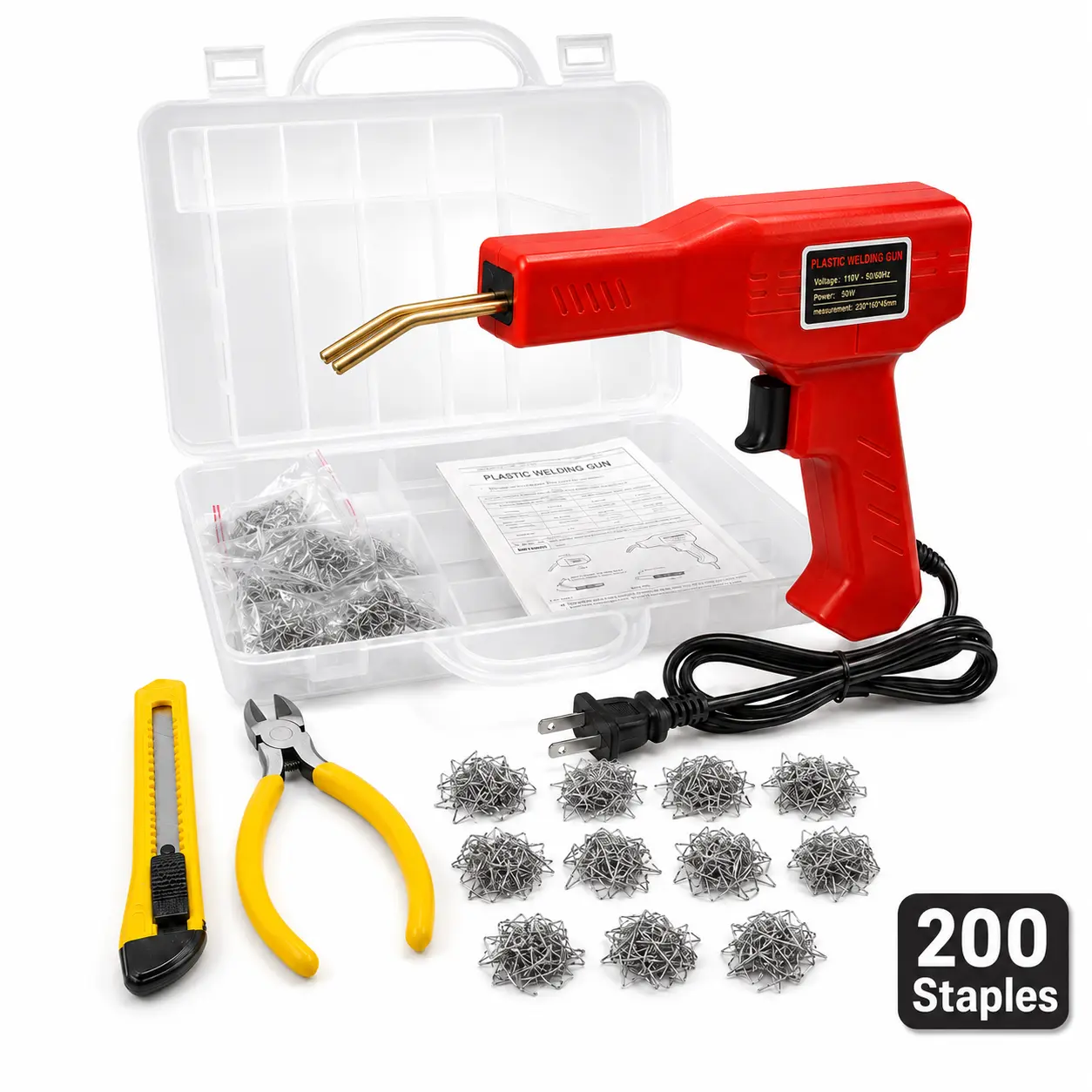 Plastic Welder Kit 50W, Hot Stapler Gun with Approx. 200 Staples & Pliers, Car Bumper Repair Tool