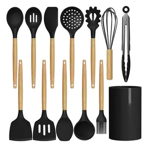 Kitchen Utensils Set,Kitchen Cooking Utensils Set,Spoon,Spatula,446℉ Heat Resistant 12-pcs Non-stick Food Grade Silicone and Wooden Handles,Kitchen Tools Set