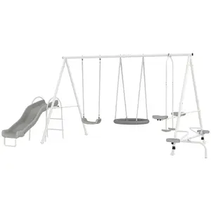 5 in 1  Swing Set for Backyard with Heavy-Duty A-Frame Stand, Saucer Swing, Slide, Seesaw, Glider, Swing Seat, Gray