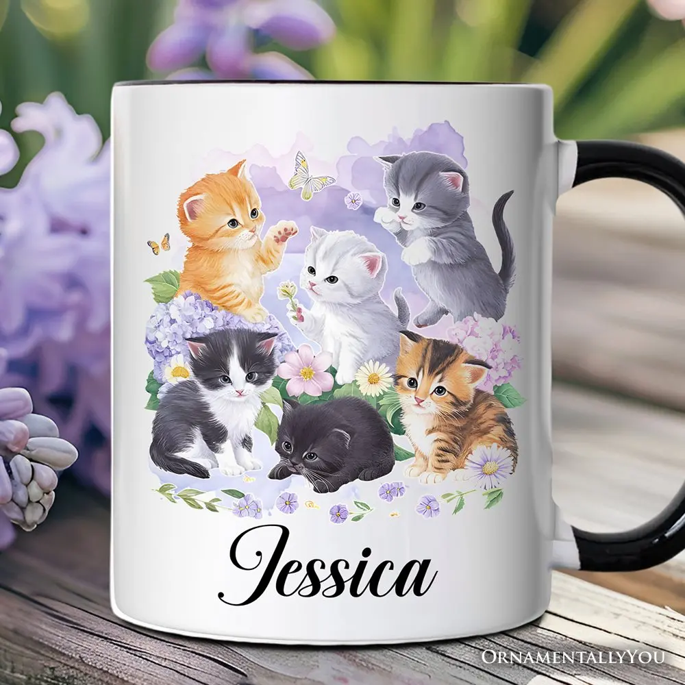 Cute Baby Cats Wildflower Personalized Mug, Cottagecore Botanical Cat Gift with Custom Name