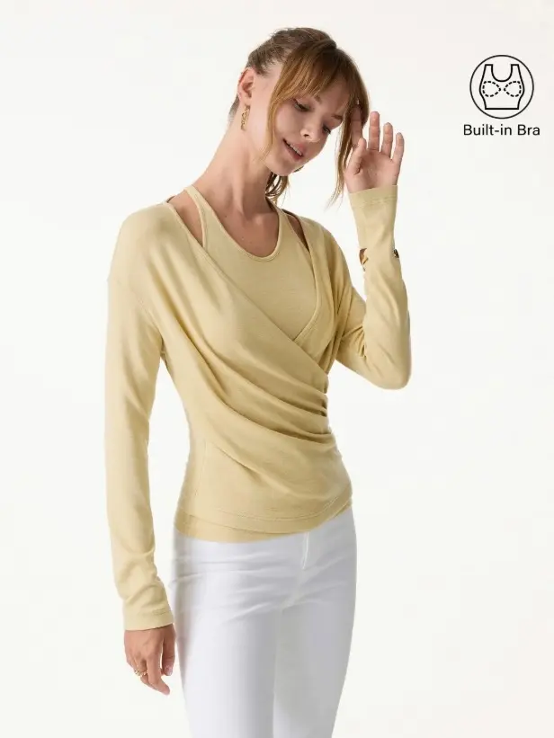 Women's OGL 2-Piece Set - Built-in Bra Surplice Ruched Cami Top & Long Sleeve Blouse, Breathable Casual Classy Elegant Womenswear for Summer Fall (Flash Sale)