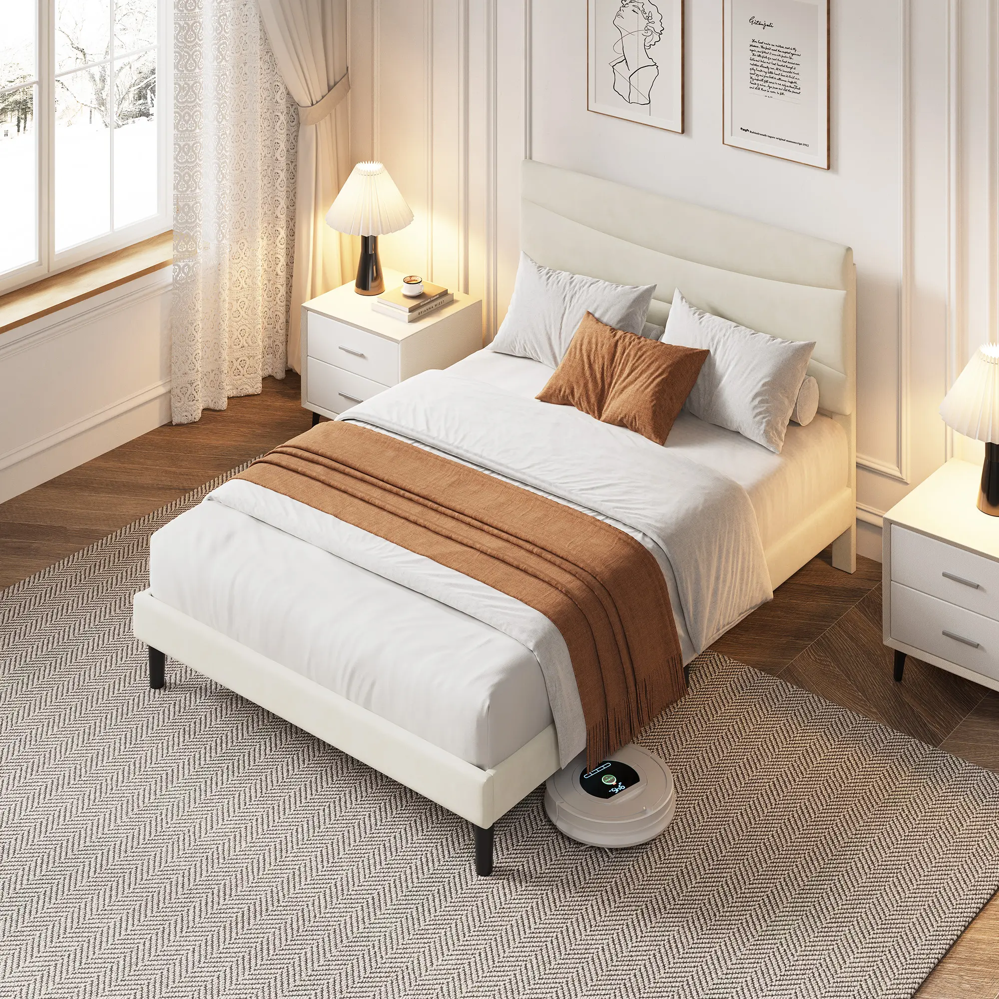 Modern Minimalist Upholstered Platform Bed Frame with Headboard – Queen/Full – Sturdy Wooden Slats, Noise-Free, Underbed Storage, No Box Spring Needed, Easy Assembly – Beige