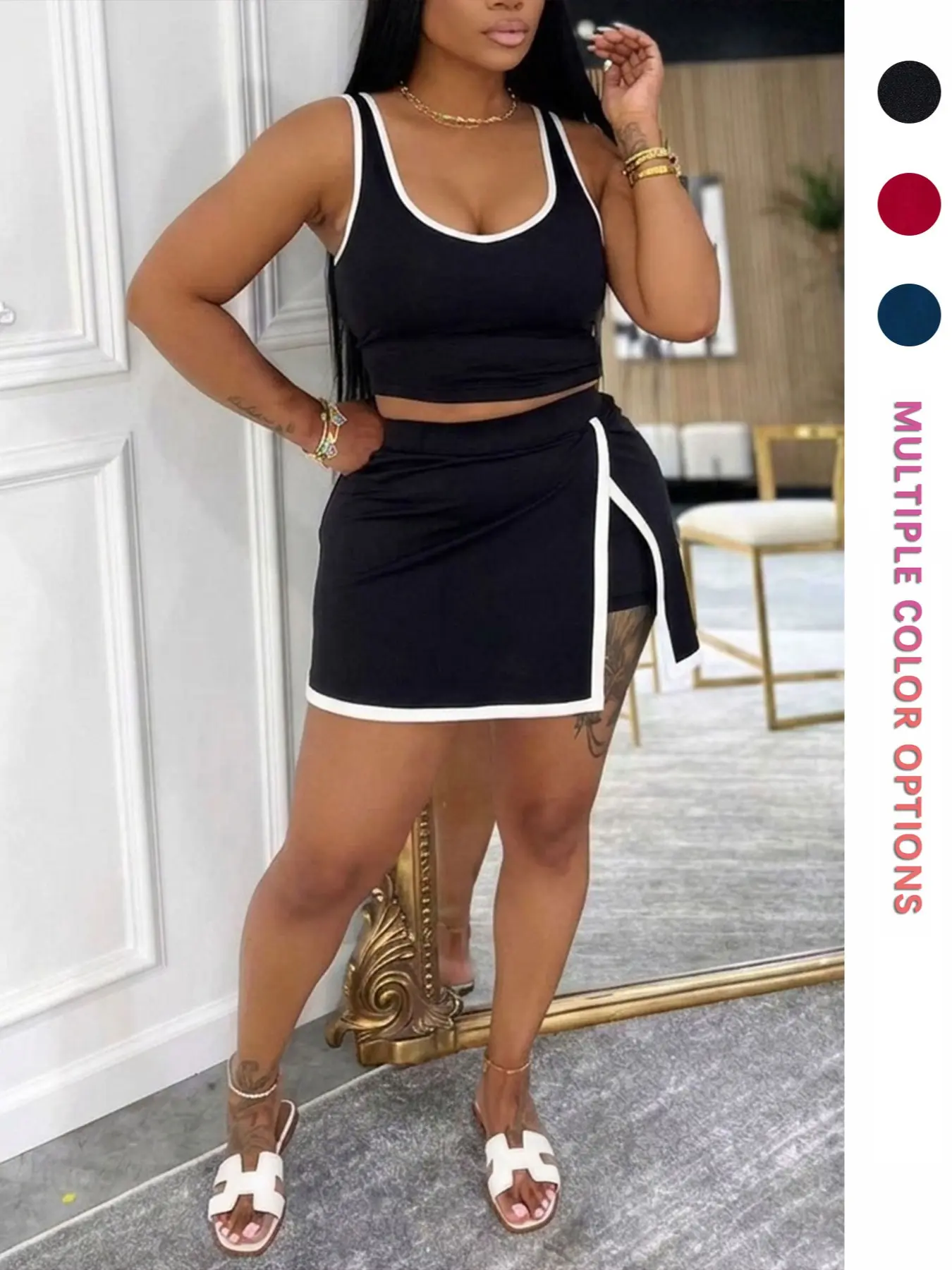 Summer New Colorblock Two-Piece Set, Fitted Halter Short Top + Split Skirt, Sporty Casual Style, Bold Backless Dress Duo, Halter Neck, Outfits Women Womenswear